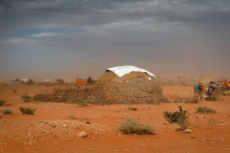 Dry, reddish soil, scree, dusty bushes, straw hut. On the right side of the image: people. The image conveys a sense of extreme dryness and heat.
