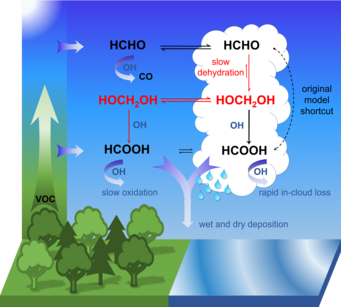 Effiziente mehrphasige Umwandlung von Formaldehyd in Ameisensäure, ermöglicht durch flüssige Wolkentröpfchen. Grafik: Effiziente mehrphasige Umwandlung von Formaldehyd in Ameisensäure, ermöglicht durch flüssige Wolkentröpfchen.