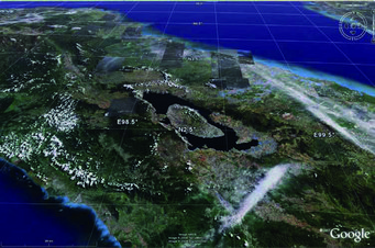 A Google Earth image showing the caldera on the island of Sumatra. Source: https://pubs.giss.nasa.gov/docs/2009/2009_Robock_ro09900j.pdf A Google Earth image showing the caldera on the island of Sumatra.
