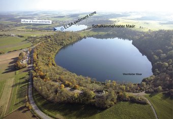 The maars of the volcanic Eifel provide a glimpse into the past of the Central European climate. Using sediment cores, scientists have been able to reconstruct the climate of the last 60,000 years. A maar in the volcanic Eifel, shown from above