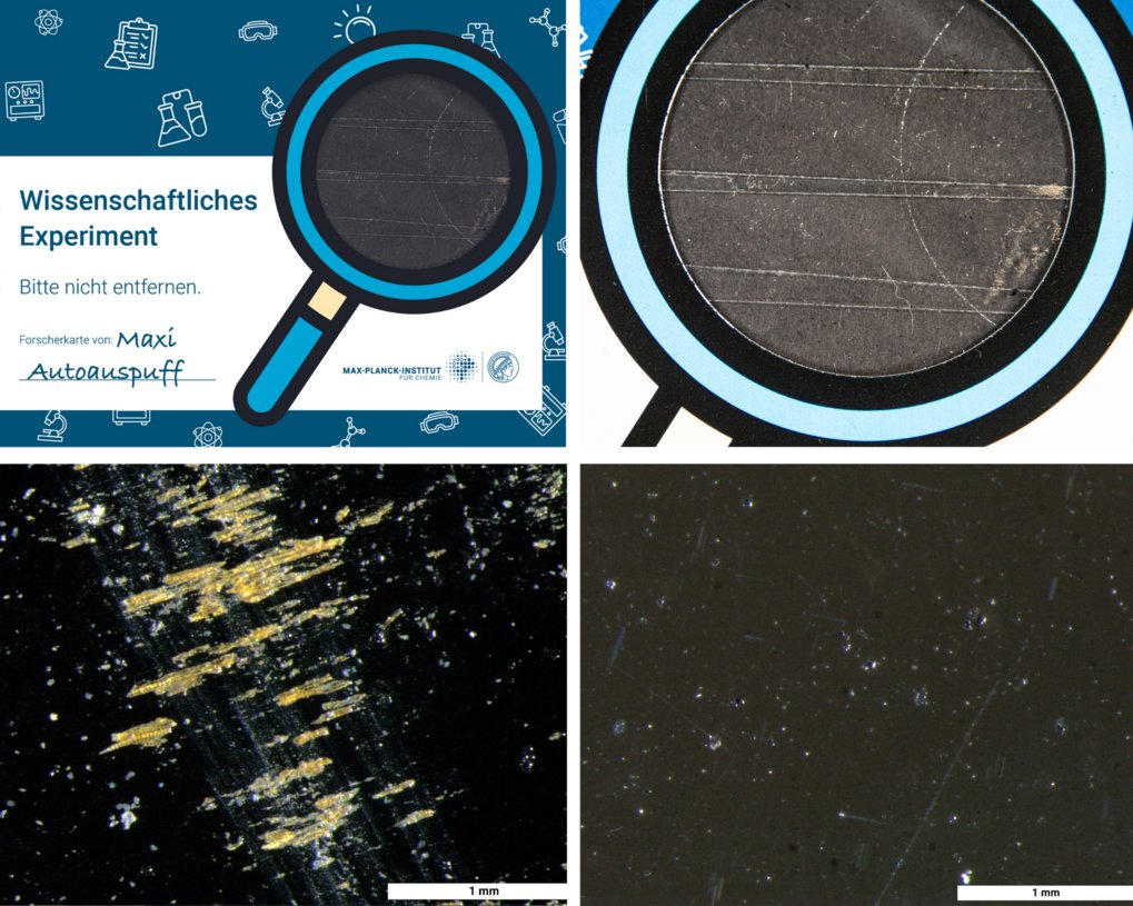 Die Forscherkarte haben wir am Auspuff eines Autos befestigt.Du siehst Aufnahmen mit der Handykamera (oben) sowie Aufnahmen mit dem Lichtmikroskop (unten).