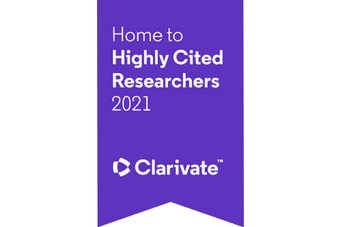 Logo (violet), text: Home to Highly Cited Researchers 2021, Clarivate