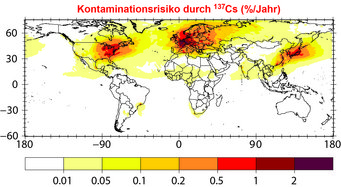Weltweite Wahrscheinlichkeit einer radioaktiven Kontamination: Die Karte gibt in Prozent an, wie hoch die jährliche Wahrscheinlichkeit einer radioaktiven Verseuchung von über 40 Kilobecquerel pro Quadratmeter ist. In Westeuropa liegt sie bei etwa zwei Prozent in einem Jahr. Die Karte gibt in Prozent an, wie hoch die jährliche Wahrscheinlichkeit einer radioaktiven Verseuchung von über 40 Kilobecquerel pro Quadratmeter ist. In Westeuropa liegt sie bei etwa zwei Prozent in einem Jahr.