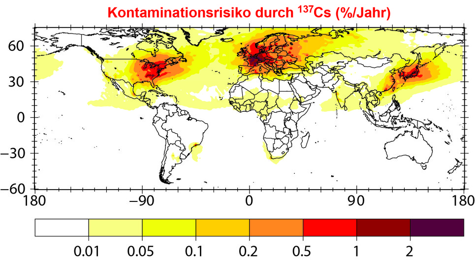 Die Karte gibt in Prozent an, wie hoch die jährliche Wahrscheinlichkeit einer radioaktiven Verseuchung von über 40 Kilobecquerel pro Quadratmeter ist. In Westeuropa liegt sie bei etwa zwei Prozent in einem Jahr.