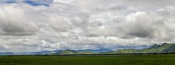 Expansive green fields stretch towards a range of low, tree-covered mountains beneath a cloudy sky.