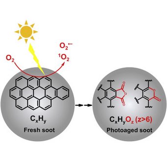 The figure shows that highly oxygenated organic molecules with high unsaturation (HU-HOMs) are formed by the multigenerational photo-oxidation of large polycyclic aromatic hydrocarbons (PAHs) on soot. The figure shows that highly oxygenated organic molecules with high unsaturation (HU-HOMs) are formed by the multigenerational photo-oxidation of large polycyclic aromatic hydrocarbons (PAHs) on soot.