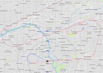 A section of the HALO flight path from 26 May 2020. The research aircraft also flew over the densely populated Rhine-Main area during the Corona lockdown. Detailed map of Mainz, Wiesbaden, and Darmstadt, showing roads, cities, and marked flight paths.