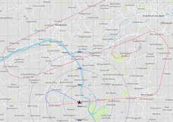 Detailed map of Mainz, Wiesbaden, and Darmstadt, showing roads, cities, and marked flight paths.