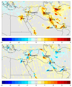 While nitrogen oxide emissions increased in the Middle East from 2005 to 2010 (top map), they dropped in many regions from 2010 to 2014 (bottom map). The colors represent changes in the tropospheric concentration of nitrogen dioxide in 1015 molecules per square centimeter during the period observed.