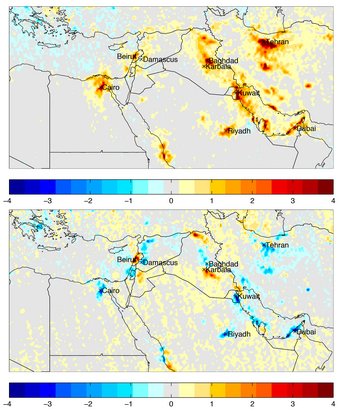 While nitrogen oxide emissions increased in the Middle East from 2005 to 2010 (top map), they dropped in many regions from 2010 to 2014 (bottom map). The colors represent changes in the tropospheric concentration of nitrogen dioxide in 1015 molecules per square centimeter during the period observed. While nitrogen oxide emissions increased in the Middle East from 2005 to 2010 (top map), they dropped in many regions from 2010 to 2014 (bottom map). The colors represent changes in the tropospheric concentration of nitrogen dioxide in 1015 molecules per square centimeter during the period observed.