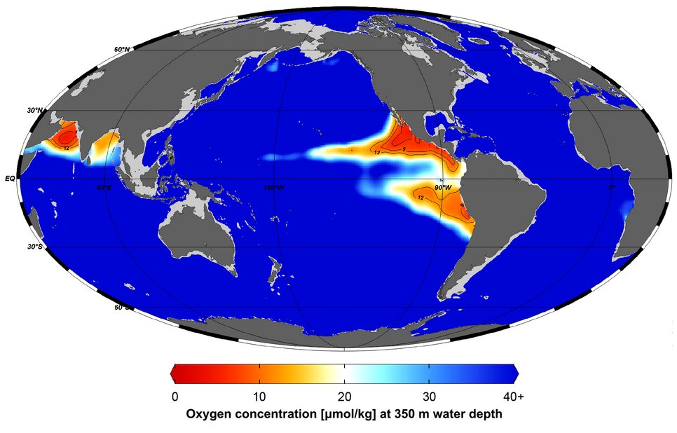 Global map showing oxygen concentration at 350m depth, with red areas indicating low levels.