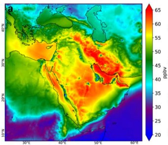 Durchschnittliche Konzentration von bodennahem Ozon rund um die Arabische Halbinsel. Die Modellrechnung zeigt, dass der WHO-Grenzwert von 30 ppbv überall überschritten wird. Die Grafik zeigt die durchschnittliche Konzentration von bodennahem Ozon rund um die Arabische Halbinsel.