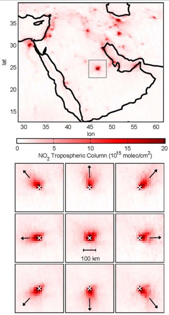 From pollution to emissions: The left graph shows, how nitrogen dioxide is distributed on average over the Middle East for calm. Red indicates high pollution levels, white low. The right graph shows the distribution of nitrogen dioxide around Riyadh for different wind directions and calm (center). The distinct downwind plumes allow to determine how quickly the pollutant disappears from the atmosphere and thus how large the emitted amounts in Riyadh are. From pollution to emissions: The left graph shows, how nitrogen dioxide is distributed on average over the Middle East for calm. Red indicates high pollution levels, white low. The right graph shows the distribution of nitrogen dioxide around Riyadh for different wind directions and calm (center). The distinct downwind plumes allow to determine how quickly the pollutant disappears from the atmosphere and thus how large the emitted amounts in Riyadh are.