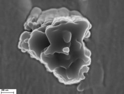 Star dust from a supernova. The electron microscopic image shows a silicon carbide grain from the meteorite Murchinson. The approximately one micrometre small grains originate from a supernova as an isotopic analysis has shown. Isotopes are forms of an element with different weights.
