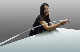 Skeleton of the glass sponge Monorhaphis chuni in the hands of Xiaohong Wang. The more than two meters long silica skeleton is flexible and resembles a fiberglass rod. Skeleton of the glass sponge Monorhaphis chuni in the hands of Xiaohong Wang. The more than two meters long silica skeleton is flexible and resembles a fiberglass rod.