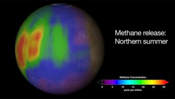 Methankonzentration auf dem Mars: Die Grafik zeigt die berechneten Methankonzentrationen in parts per billion (ppb) auf dem Mars während des Sommers auf der Nordhalbkugel. Violett und blau weisen auf wenig Methan hin, rote Bereiche signalisieren große Mengen. Methankonzentration auf dem Mars: Die Grafik zeigt die berechneten Methankonzentrationen in parts per billion (ppb) auf dem Mars während des Sommers auf der Nordhalbkugel. Violett und blau weisen auf wenig Methan hin, rote Bereiche signalisieren große Mengen.