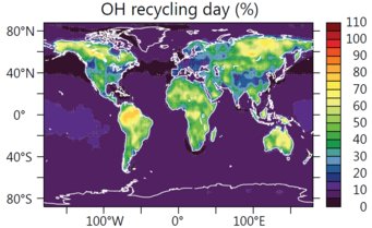 Eine Weltkarte der modellierten OH-Recycling-Effizienz während des Tages. Orange und gelbe Flächen zeigen eine hohe Recycling-Effizienz wie zum Beispiel über dem Amazonas Regenwald. Eine Weltkarte der modellierten OH-Recycling-Effizienz während des Tages. Orange und gelbe Flächen zeigen eine hohe Recycling-Effizienz wie zum Beispiel über dem Amazonas Regenwald.