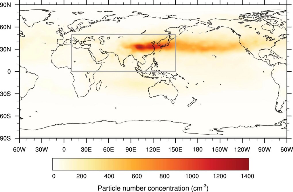 Grafic: Number concentrations of multi-acid new particles (nucleation mode) at 250-hPa altitude simulated with theglobal model (EMAC). The extra particle number concentrations are shown, that is, relative to the same model without multi-acid nucleation. From Wang et al., Nature (2022).