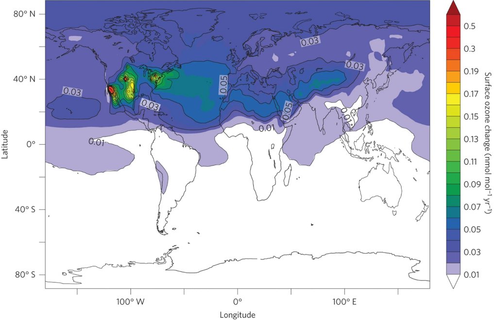 Grafic: Estimate for the average annual 2009.5–2014.5 June–August change in surface ozone from a 4.2% yr−1 NH increase in ethane, and inferred emission increases in propane, butane and pentane isomers from USA OIL and Natural Gas sources. From Detlev et al., Nature Geoscience (2016).