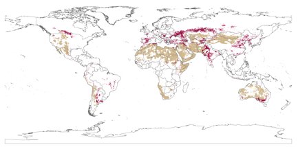 Regions in which bacteria release a particularly large amount of HONO into the air: The light brown areas are arid areas; the dark red areas indicate agricultural land. From both areas significantly higher HONO emissions are expected than previously assumed.