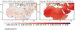 Unerträglich heiß: Im Nahen Osten und Nordafrika werden die durchschnittlichen Temperaturen im Winter bis zur Mitte des Jahrhunderts um etwa 2,5 Grad Celsius (links) und im Sommer um etwa fünf Grad Celsius steigen (rechts), wenn die weltweiten Treibhausgasemissionen weiter zunehmen wie bisher (RCP8,5). Die Kreuzschraffur deutet an, dass die Modellergebnisse für diesen Gebiete weitgehend übereinstimmen, an punktierten Stellen ist die Übereinstimmung nahezu vollständig.