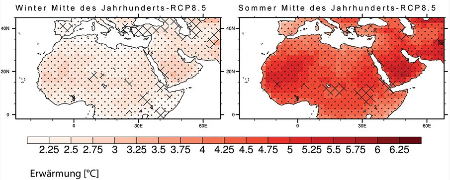 Unerträglich heiß: Im Nahen Osten und Nordafrika werden die durchschnittlichen Temperaturen im Winter bis zur Mitte des Jahrhunderts um etwa 2,5 Grad Celsius (links) und im Sommer um etwa fünf Grad Celsius steigen (rechts), wenn die weltweiten Treibhausgasemissionen weiter zunehmen wie bisher (RCP8,5). Die Kreuzschraffur deutet an, dass die Modellergebnisse für diesen Gebiete weitgehend übereinstimmen, an punktierten Stellen ist die Übereinstimmung nahezu vollständig.