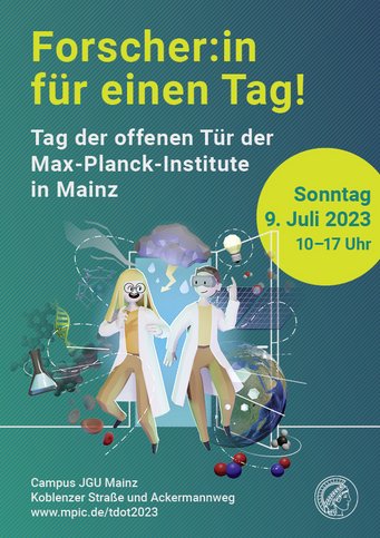 Einladung zum Tag der offenen Tür. Illustration mit zwei Figuren in Laborkitteln, wissenschaftlichen Symbolen und Details zum Tag der offenen Tür 2023 des Max-Planck-Instituts Mainz.