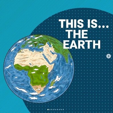 Gezeichnete Erdkugel mit Kontinenten und Ozeanen, Afrika hervorgehoben.