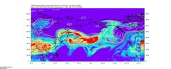 Copernicus Atmosphere Monitoring Service (CAMS)-Vorhersage des Luftschadstoffs PAN in etwa 12,5 Kilometer Höhe für den ersten Messflug von Anchorage / Alaska. Der Export verschmutzter Luftmassen aus dem Bereich des Asiatischen Monsuns ist anhand erhöhter PAN-Werte über dem Pazifik deutlich erkennbar (rote Farbtöne).(Forschungszentrum Jülich / Martin Riese)