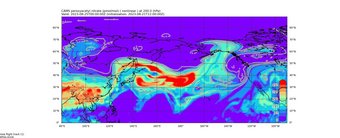 Copernicus Atmosphere Monitoring Service (CAMS)-Vorhersage des Luftschadstoffs PAN in etwa 12,5 Kilometer Höhe für den ersten Messflug von Anchorage / Alaska. Der Export verschmutzter Luftmassen aus dem Bereich des Asiatischen Monsuns ist anhand erhöhter PAN-Werte über dem Pazifik deutlich erkennbar (rote Farbtöne).(Forschungszentrum Jülich / Martin Riese) Farbkodierte Karte zeigt die Konzentration von Peroxyacetylnitrat über dem Pazifik, von niedrigen Werten in Blau bis zu hohen Werten in Rot, mit Längengrad- und Breitengradlinien. Vorhersage des Luftschadstoffs PAN in etwa 12,5 Kilometer Höhe für den ersten Messflug von Anchorage / Alaska.