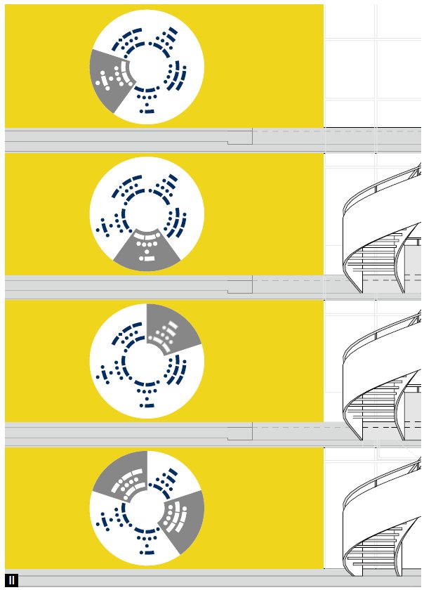 On each of the four galleries there is a interrogative pronoun represented in Morse code.