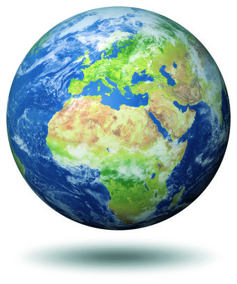 View of the Earth from space: Through land use, interventions in biodiversity and global material cycles (carbon, nitrogen, etc.), increases in greenhouse gas concentrations, and global warming, humankind is influencing the entire planet with the exception of the Earth's interior - from the land surface to the biosphere and atmosphere to the oceans and deep sea. View on Earth from space. Earth's globe showing Europe, Africa, and Asia.