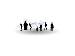Verschiedene Silhouetten von Menschen, die miteinander und mit einem Rednerpult interagieren, umgeben von Partikeln, die beim Sprechen, Husten oder Singen entstehen.