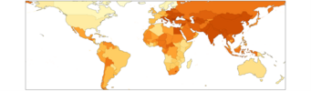 Air pollution attributable mortality per 100,000 population from <10 (light) to >200 (dark) per year. World map with varying shades of orange indicating different data levels. Air pollution attributable mortality per 100,000 population from <10 (light) to >200 (dark) per year.