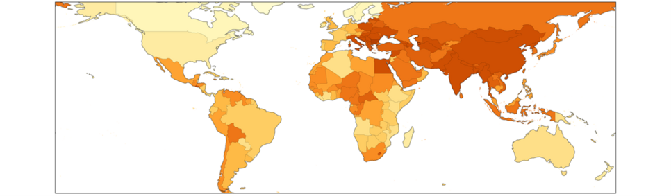 World map with varying shades of orange indicating different data levels. Air pollution attributable mortality per 100,000 population from <10 (light) to >200 (dark) per year.