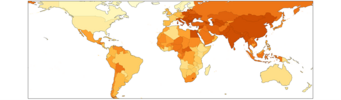 Air pollution attributable mortality per 100,000 population from <10 (light) to >200 (dark) per year. Air pollution attributable mortality per 100,000 population from <10 (light) to >200 (dark) per year.