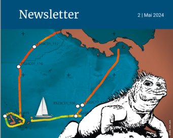 Newsletter cover with navigation route and iguana illustration.
