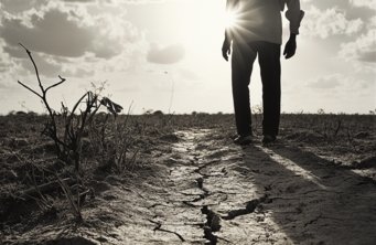 Foto zur Veranschaulichung extremer Temperaturen. Verwendung von KI (Midjourney).Prompt: Photo with dry, cracked ground and thorn scrubs, bright sun, using Sebastiao Salgado style. aufgesprungene, rissige, sehr trockene Erde. Mann von hinten zu sehen, läuft in Richtung Sonne. Bild in Schwarz-Weiß