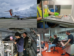 Oben links: Forschungsflugzeug HALO; Oben rechts: Tausch von Impaktorproben; Unten links: Arbeiten in HALO; Unten rechts: Arbeit im Labor am MPIC. Pictures: O. Eppers, S. Molleker, F. Köllner