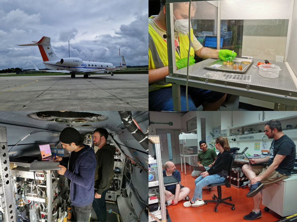 Oben links: Forschungsflugzeug HALO; Oben rechts: Tausch von Impaktorproben; Unten links: Arbeiten in HALO; Unten rechts: Arbeit im Labor am MPIC.