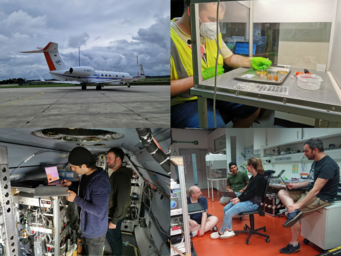 Top left: Research aircraft HALO; Top right: Exchange of impactor substrates; Bottom left: Working inside HALO; Bottom right: Working in the lab at MPIC. Pictures: O. Eppers, S. Molleker, F. Köllner Top left: Research aircraft HALO; Top right: Exchange of impactor substrates; Bottom left: Working inside HALO; Bottom right: Working in the lab at MPIC. Pictures: O. Eppers, S. Molleker, F. Köllner