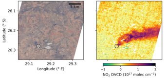 EnMAP macht Luftverschmutzung sichtbar: Links: Farbbild der Region rund um das Matla-Kraftwerk in Südafrika. Rechts: Auswertung der EnMAP-Daten: Dunkel eingefärbte Bereiche zeigen deutlich erhöhte NO2-Werte in der Abgasfahne über dem Kraftwerk.   EnMAP macht Luftverschmutzung sichtbar: Links: Farbbild der Region rund um das Matla-Kraftwerk in Südafrika. Rechts: Auswertung der EnMAP-Daten: Dunkel eingefärbte Bereiche zeigen deutlich erhöhte NO2-Werte in der Abgasfahne über dem Kraftwerk.