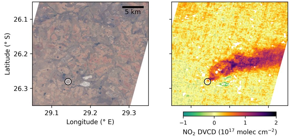 EnMAP macht Luftverschmutzung sichtbar: Links: Farbbild der Region rund um das Matla-Kraftwerk in Südafrika. Rechts: Auswertung der EnMAP-Daten: Dunkel eingefärbte Bereiche zeigen deutlich erhöhte NO2-Werte in der Abgasfahne über dem Kraftwerk.