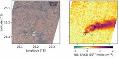 EnMAP reveals air pollution: Left: True-colour image of the region around the Matla power plant in South Africa. Right: EnMAP analysis showing significantly elevated NO₂ values (dark areas) in the emission plume.