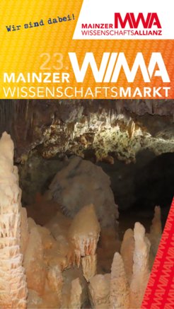 Plakat zum Mainzer Wissenschaftsmarkt mit Tropfsteinen drauf.