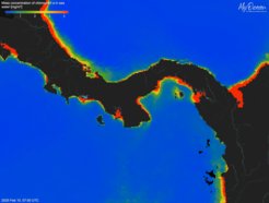 Map showing chlorophyll a concentration in sea water around Central America, highlighting coastal regions.