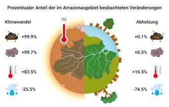 Darstellung der prozentualen Anteile des globalen Klimawandels und der Entwaldung zu Veränderungen bei Methan, Kohlendioxid, maximaler Oberflächentemperatur und Gesamtniederschlag während der Trockenzeit. Grafik: Dom Jack, Max-Planck-Institut für Chemie. Darstellung der prozentualen Anteile des globalen Klimawandels und der Entwaldung zu Veränderungen bei Methan, Kohlendioxid, maximaler Oberflächentemperatur und Gesamtniederschlag während der Trockenzeit.