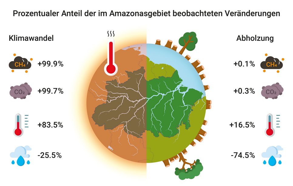 Darstellung der prozentualen Anteile des globalen Klimawandels und der Entwaldung zu Veränderungen bei Methan, Kohlendioxid, maximaler Oberflächentemperatur und Gesamtniederschlag während der Trockenzeit.