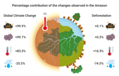 Illustration of the percentage contributions of global climate change and deforestation to changes in methane, carbon dioxide, maximum surface temperature, and total precipitation during the dry season.