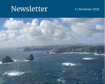Cover image of Newsletter No. 4 in 2025. It shows a rocky coastline with rough seas, clouds in the sky, and a mountain in the background.